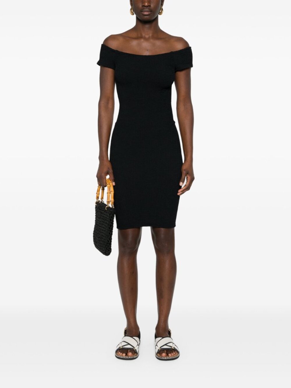 HUNZA G Grace Black Stretch Crinkled Finish Off Shoulder Bodycon Dress, One Size